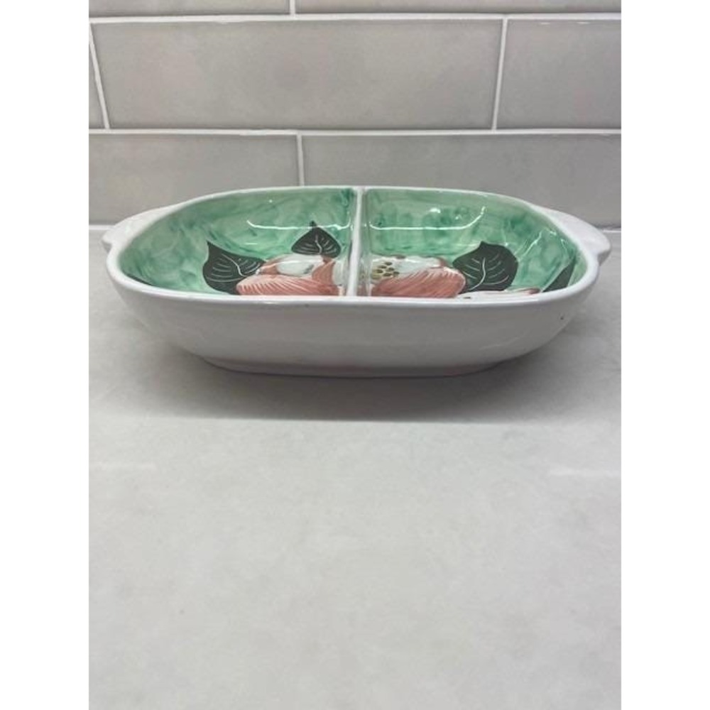 Divided Serving Dish Floral Pink Green Vintage From Italy Hand Painted Ceramic. - Picture 9 of 13